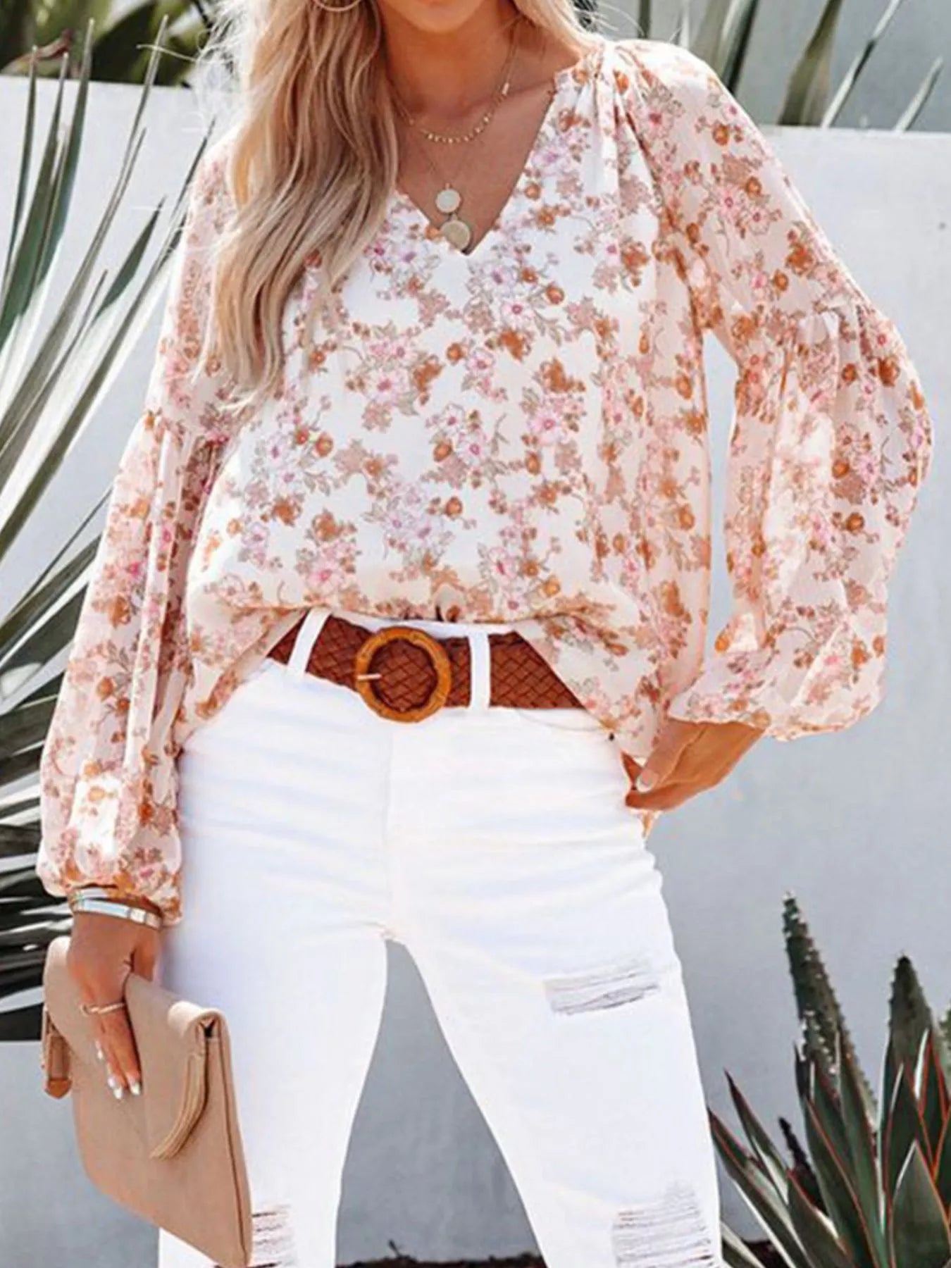 Cedar & Moore Full Size floral print v-neck long sleeve blouse, pink peach tones, sheer chiffon, plus size