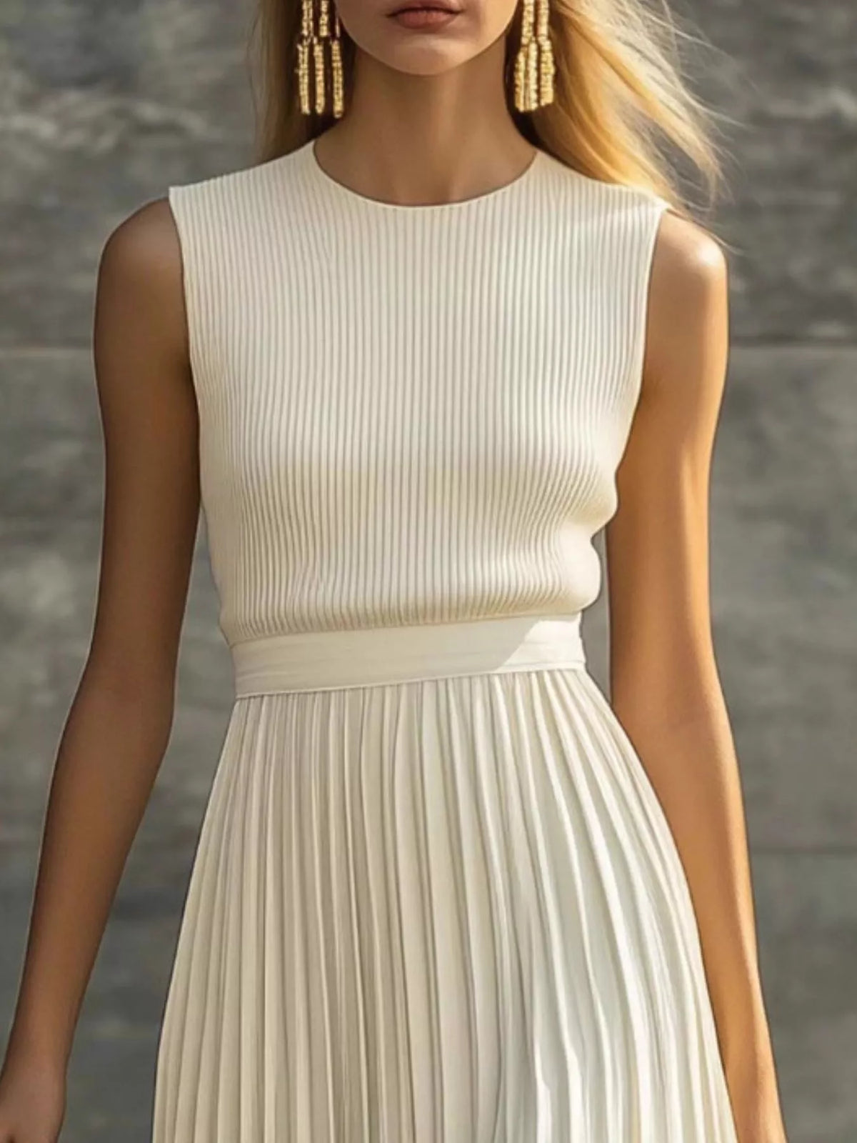 Beige ribbed sleeveless maxi dress with pleated skirt, crew neckline