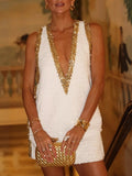 Cedar & Moore Sequin Embellished Sleeveless Mini Dress, white with gold trim and deep V-neck.