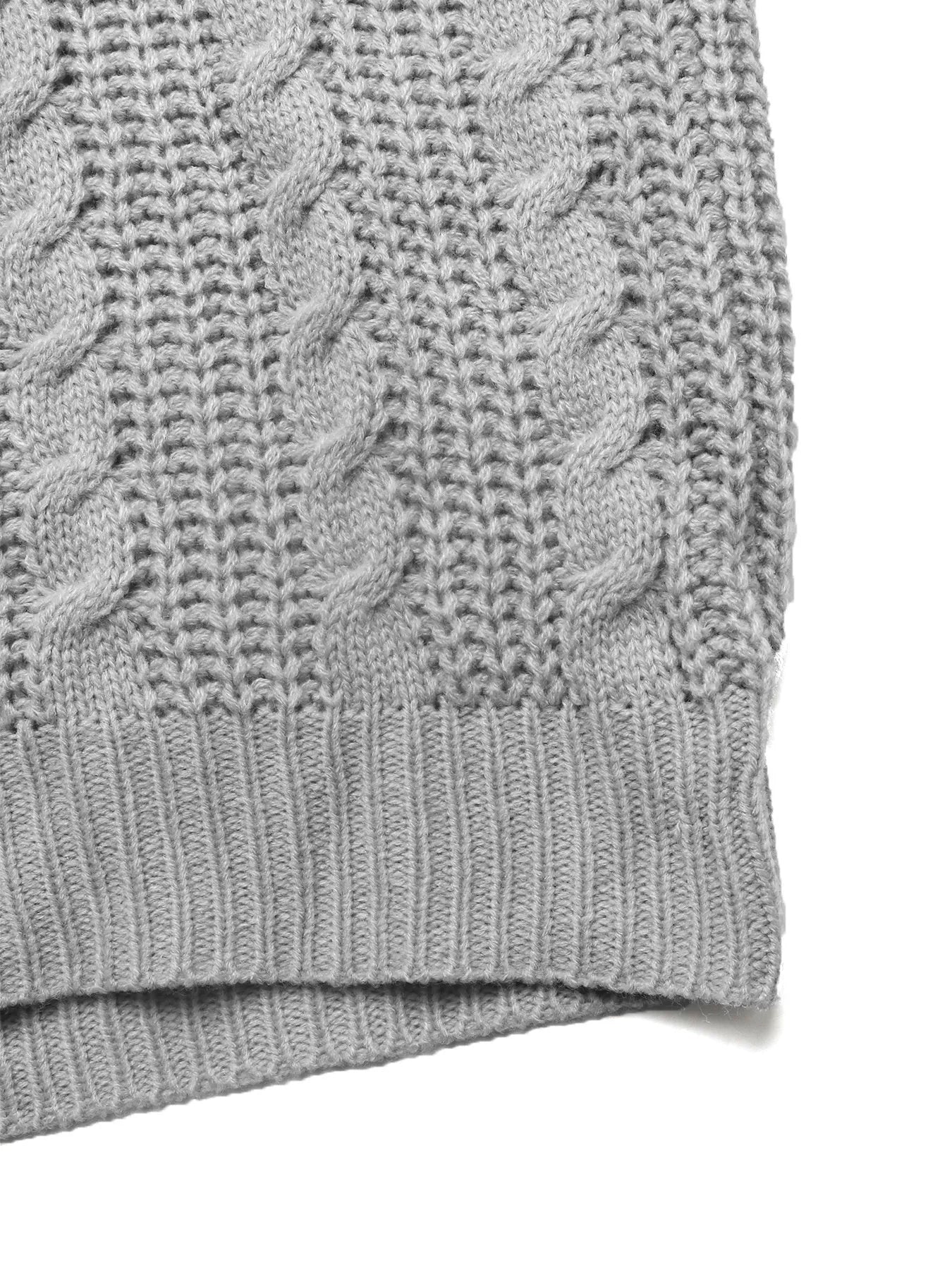 Gray cable-knit sweater with ribbed hem