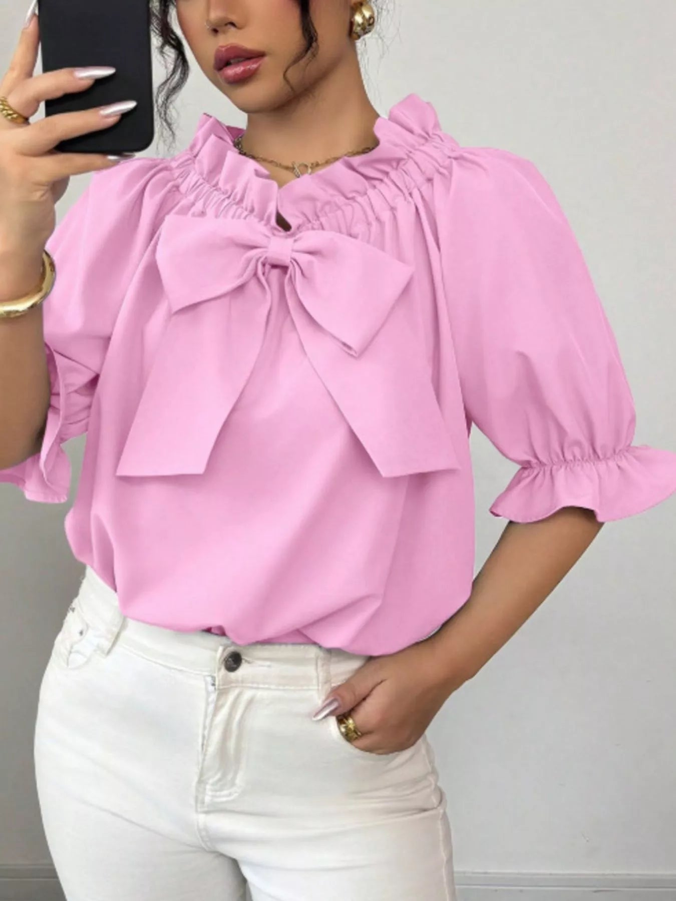 Pink Bow Flounce Sleeve Blouse by Trendsi with ruffled neckline and puff sleeves