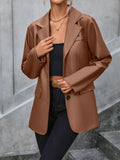 Brown button-up blazer with collared neckline, long sleeves, flap pockets, and button front
