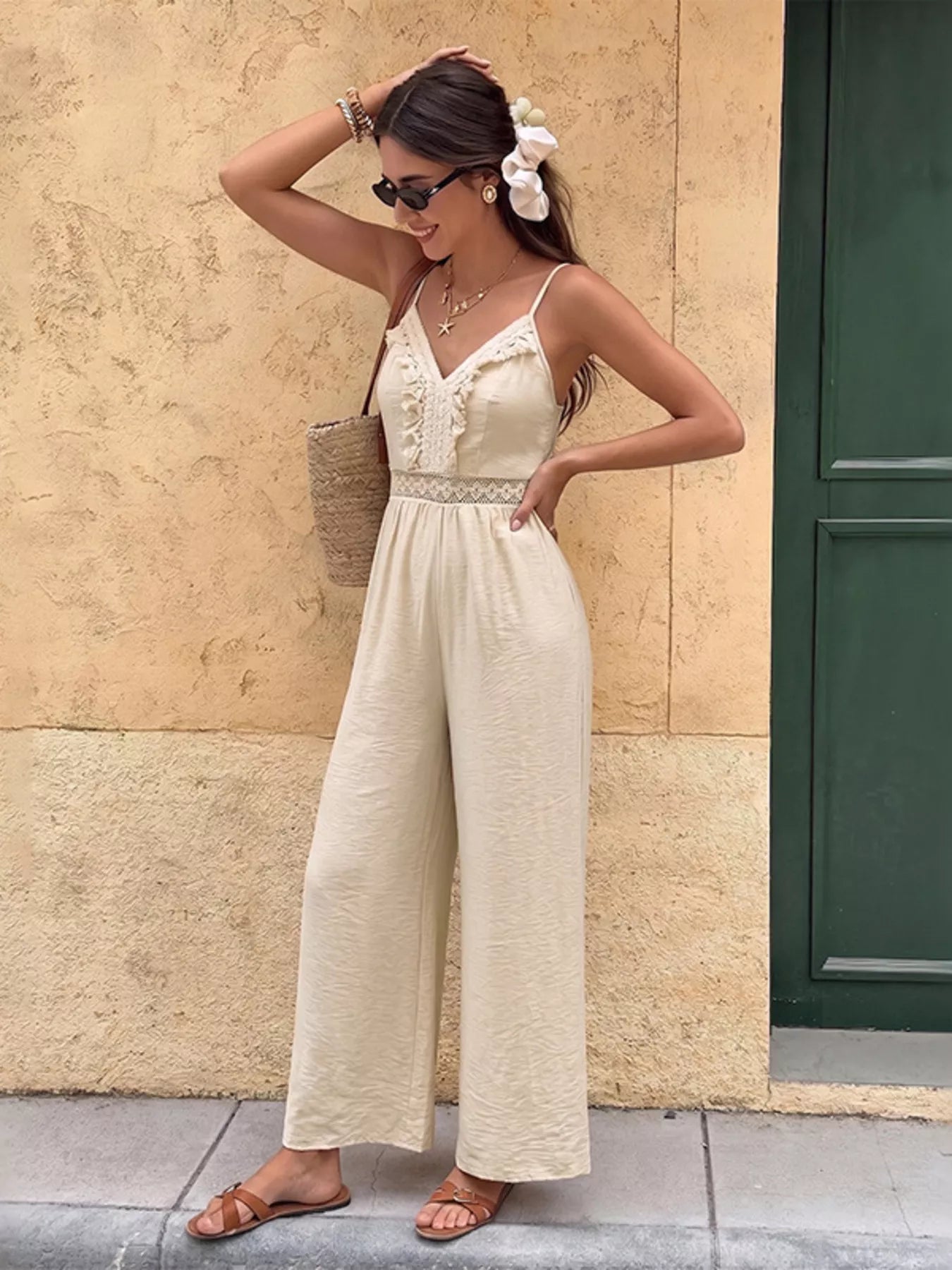 Cedar & Moore Lace Trim Spaghetti Strap Jumpsuit in cream with lace waist, by Trendsi
