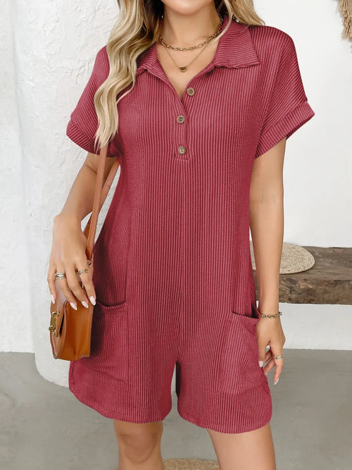 Scarlet striped button-front collared short-sleeve romper with front pockets