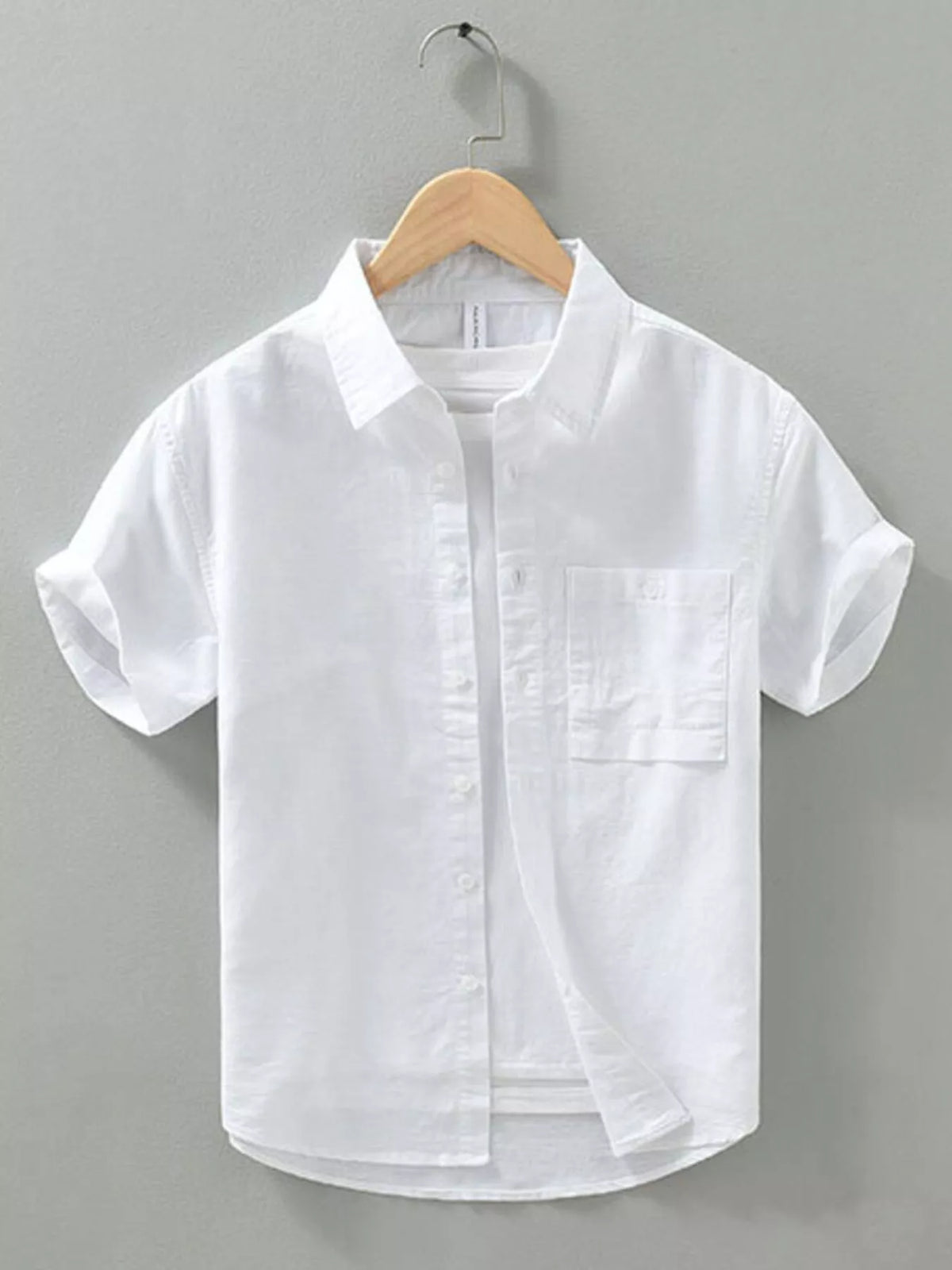 White men’s short-sleeve button shirt with chest pocket and button front
