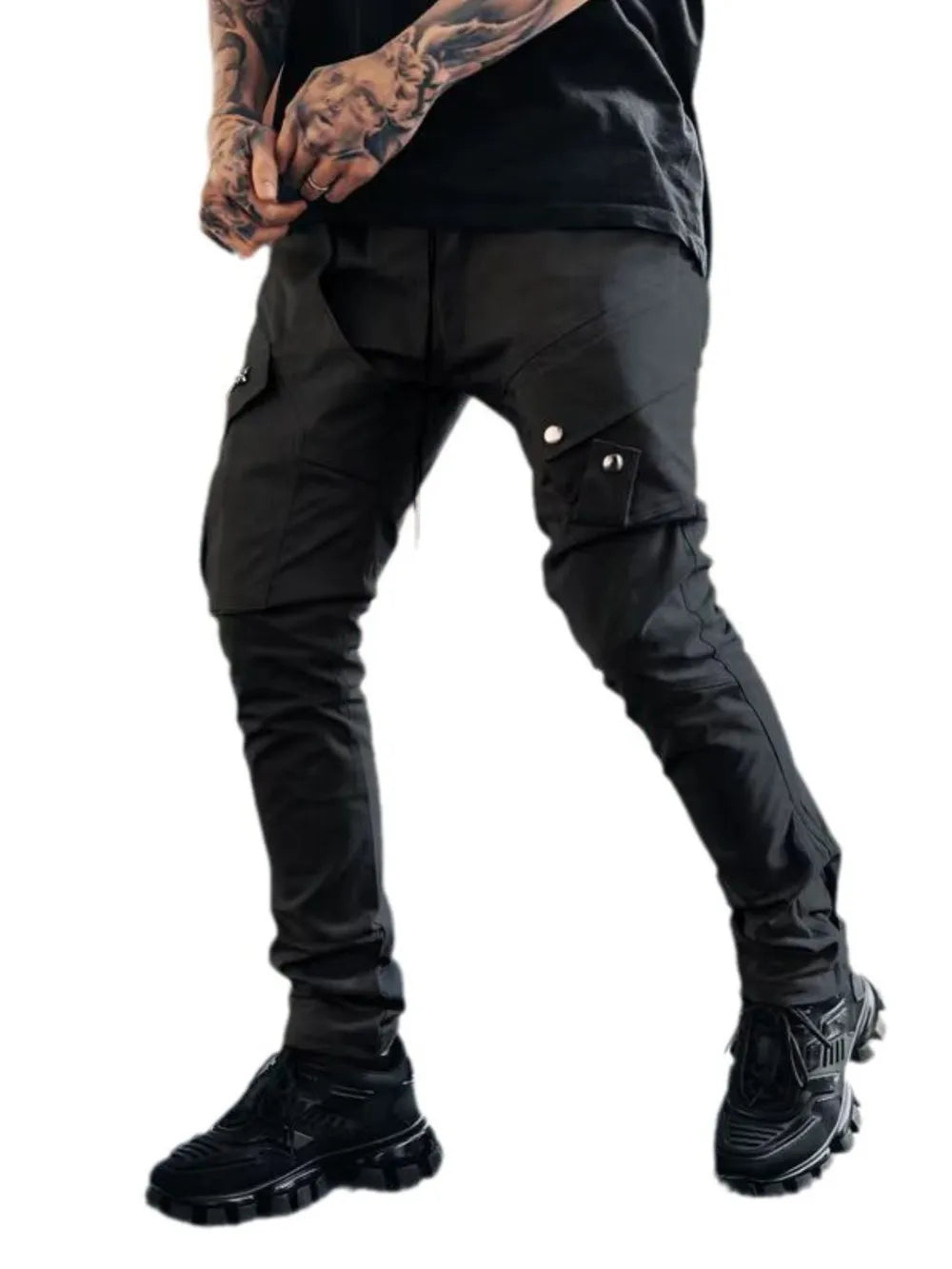 Men's plus size cargo pants in black with side cargo pockets and flap closures