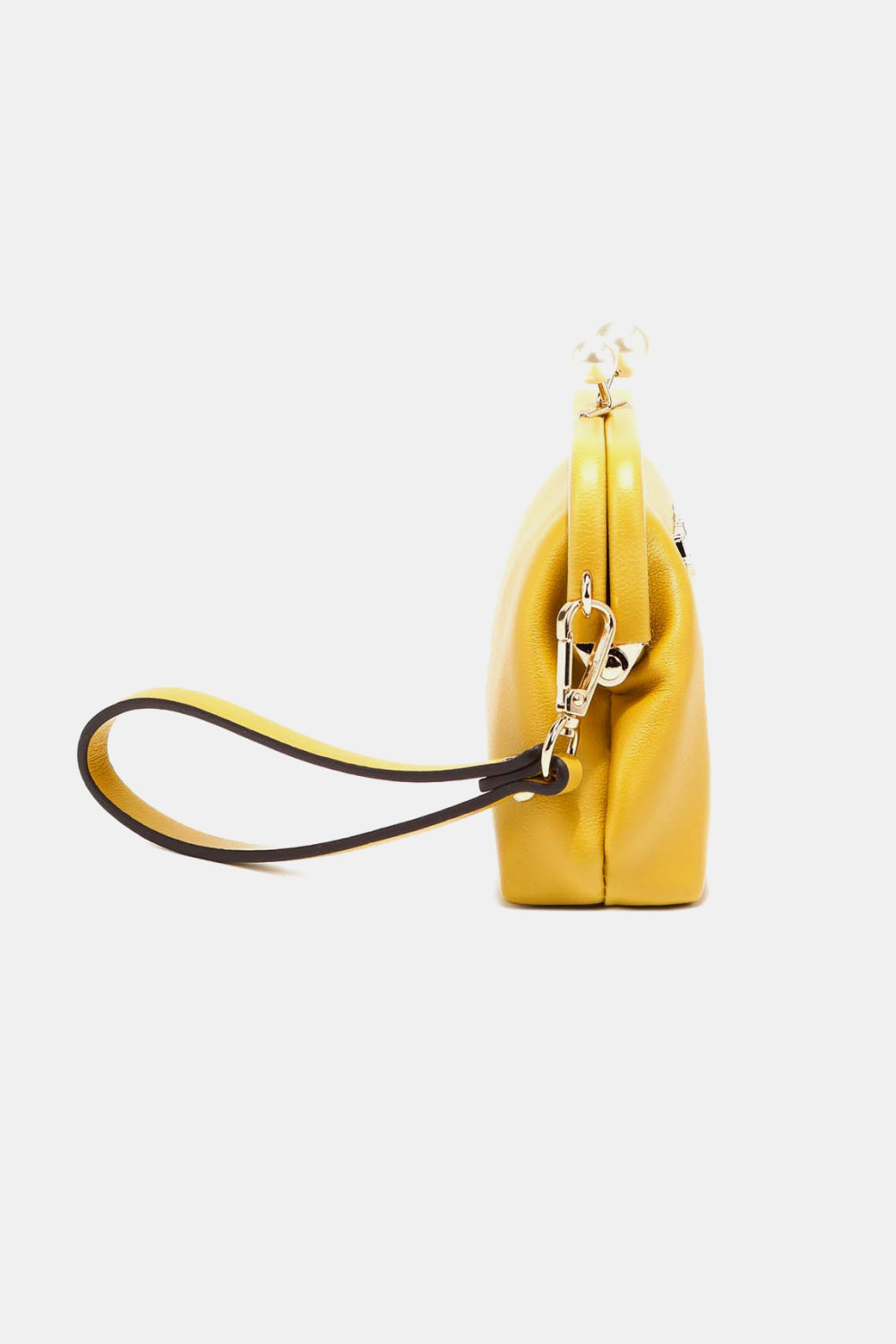 Nicole Lee USA Elise pearl coin purse, yellow side view with wrist strap and clasp.