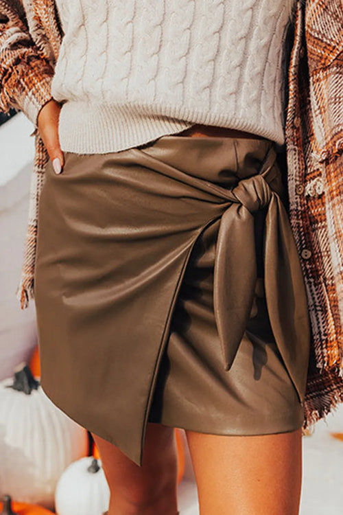 Brown bowknot mini skirt with elastic waist and side tie, ruched drape