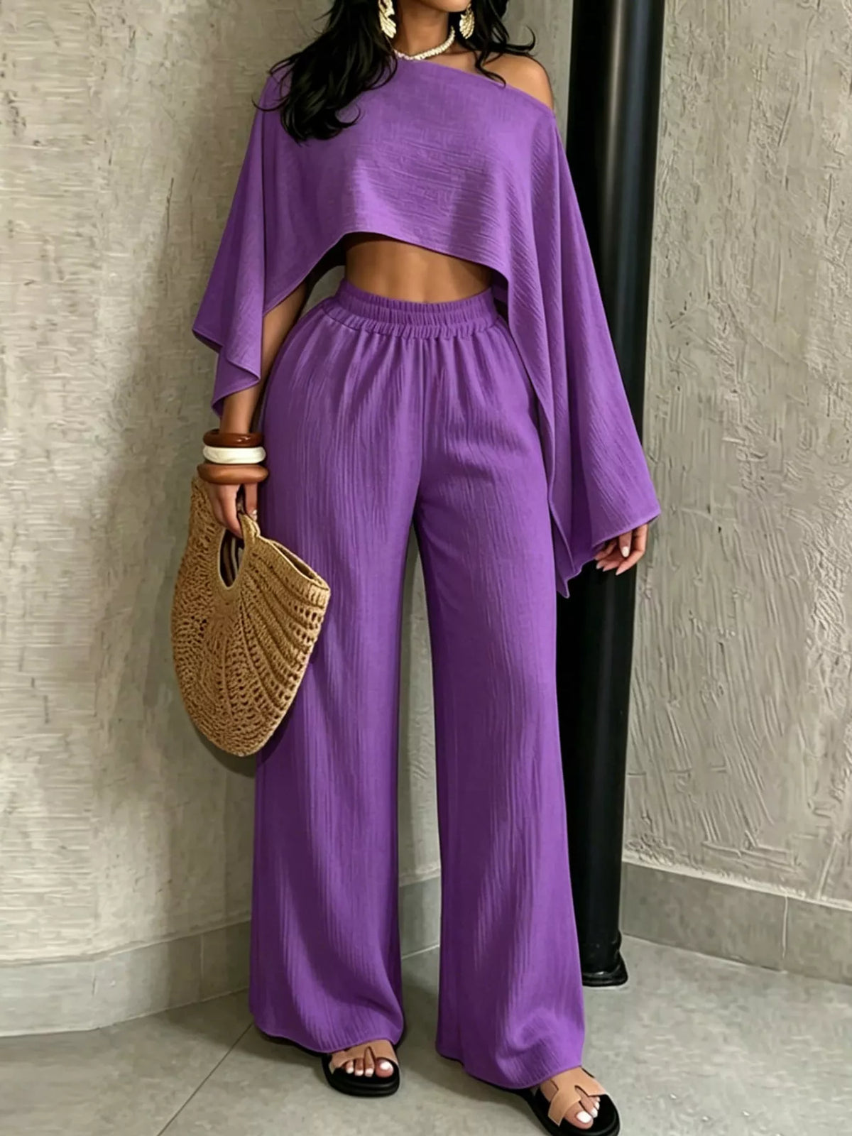 Women’s purple boat-neck crop top and wide-leg pants set, draped sleeves and elastic waist