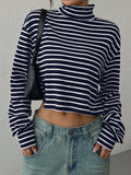 Navy and white striped cropped turtleneck long-sleeve top