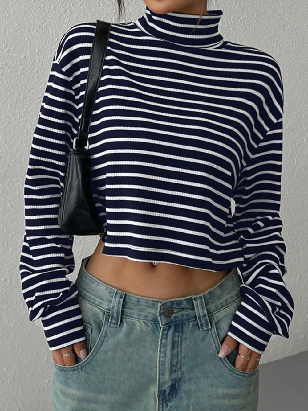 Navy and white striped cropped turtleneck long-sleeve top