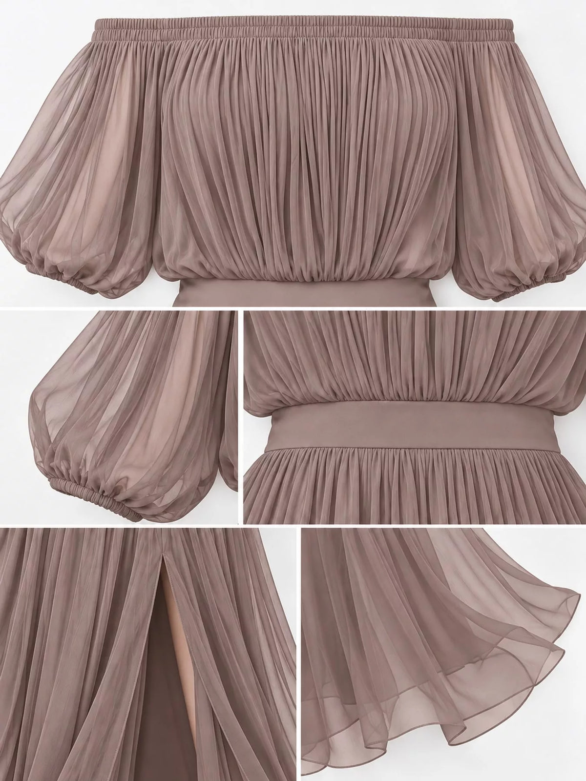 Taupe off-shoulder ruched chiffon maxi dress close-up of ruched bodice and layered hem