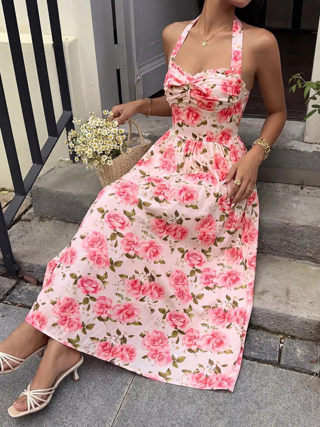 Cedar & Moore Floral Print Halter Neck Midi Dress in pink rose pattern, smocked bodice with tied detail.