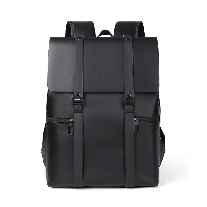 Black PU leather backpack with front flap, two buckled straps, and metal hardware