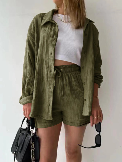 Olive green button-up shirt and matching drawstring shorts set, front buttons and pockets