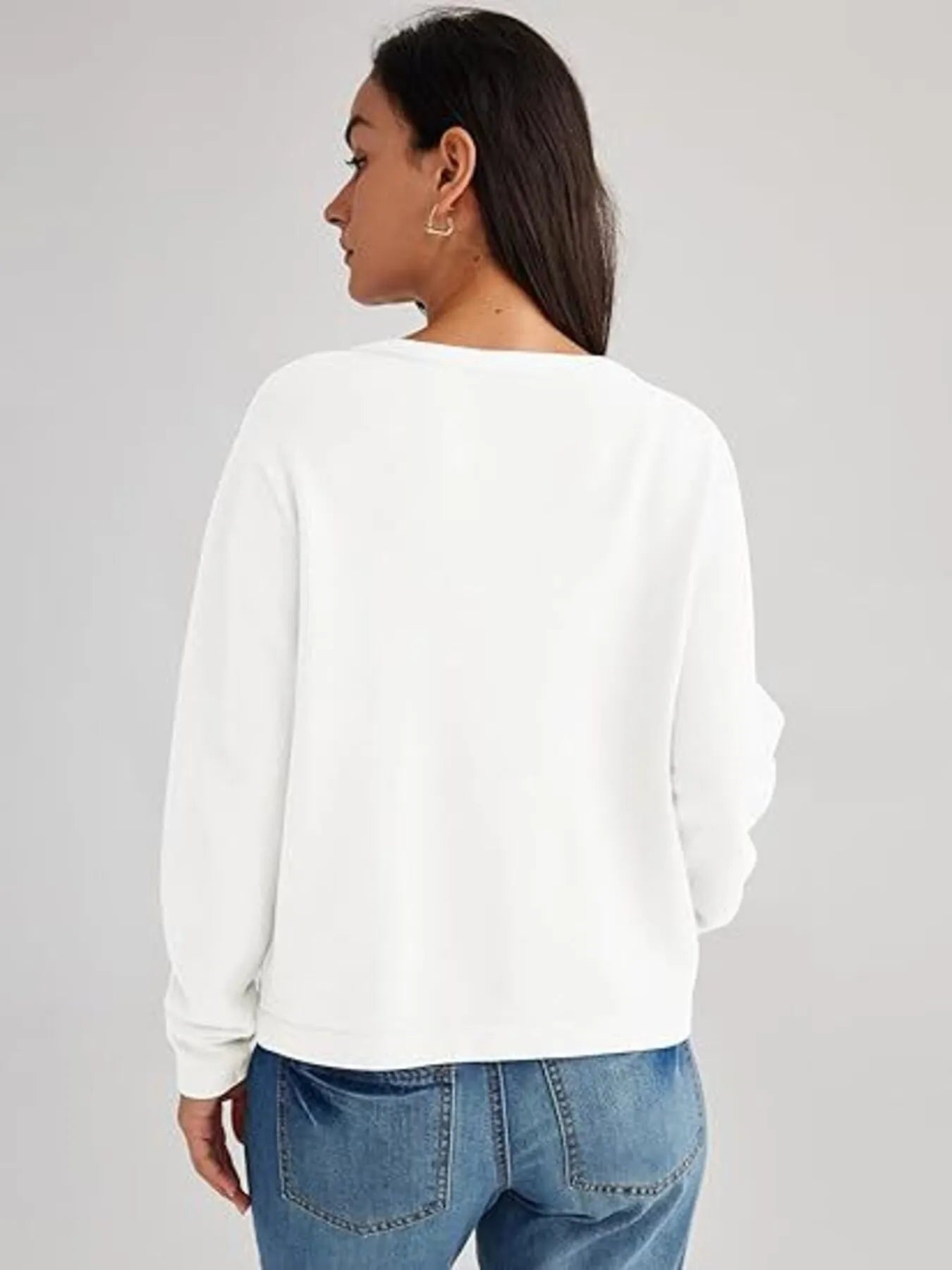 White button-up cardigan back view with long sleeves