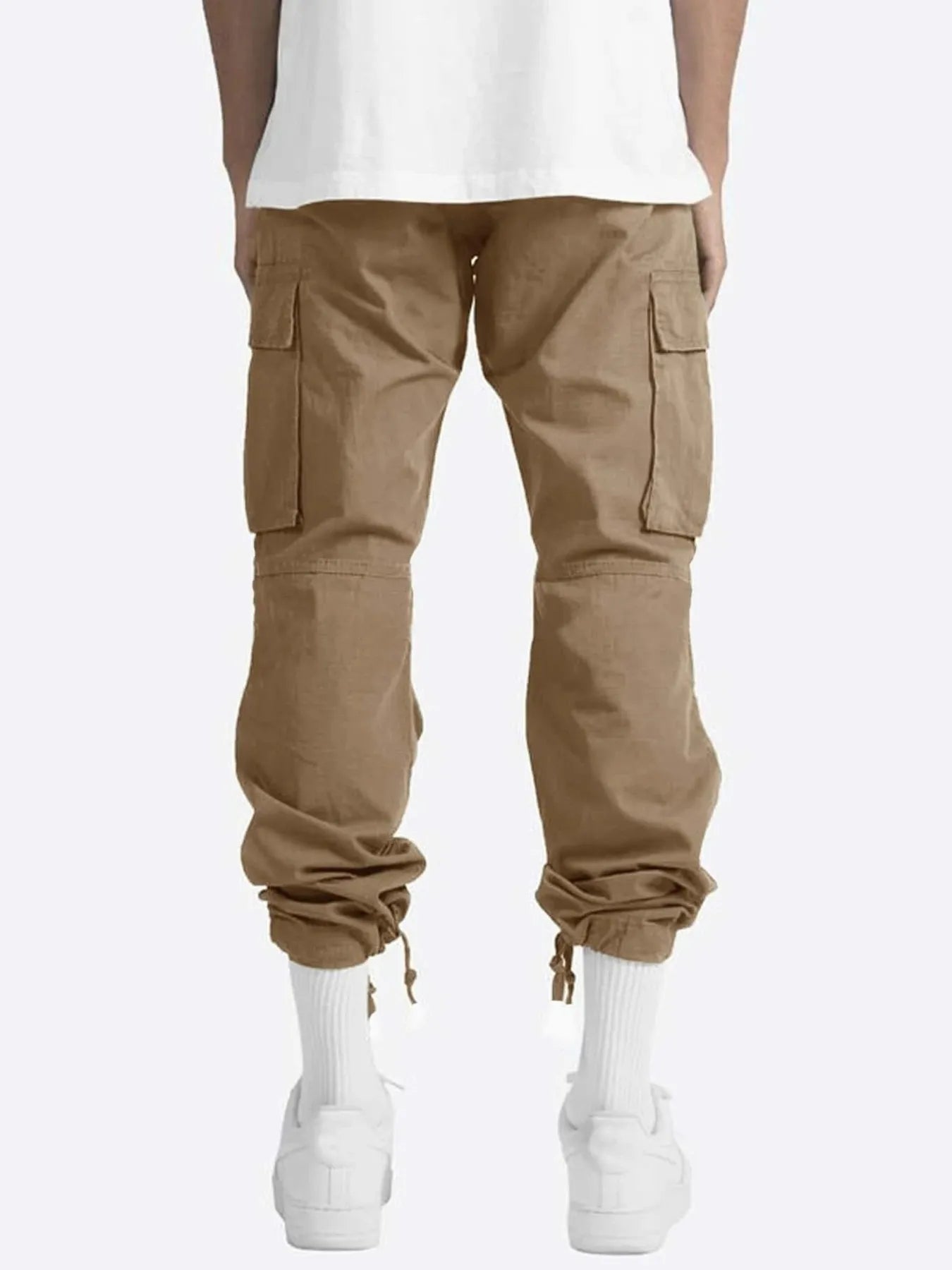 Men's khaki cargo pants with two side cargo pockets and drawstring cuffed hems.