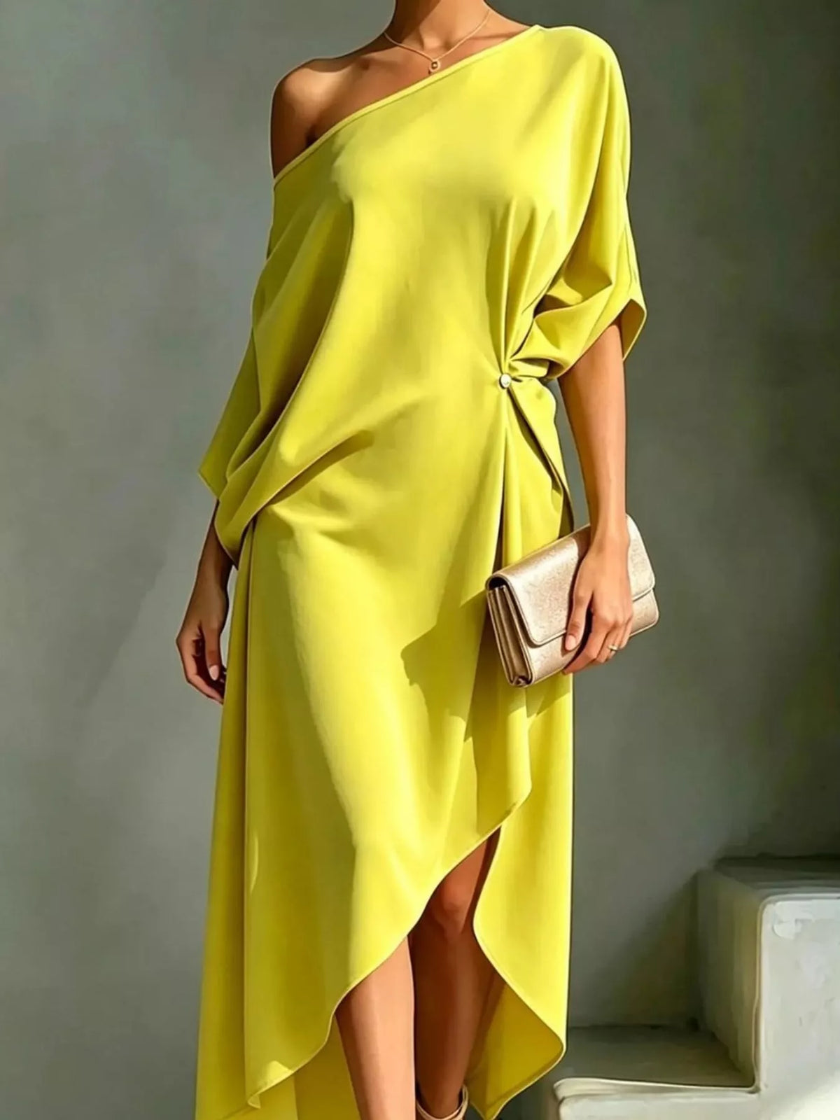 Yellow one-shoulder ruched asymmetric midi dress with draped crossover hem and side knot