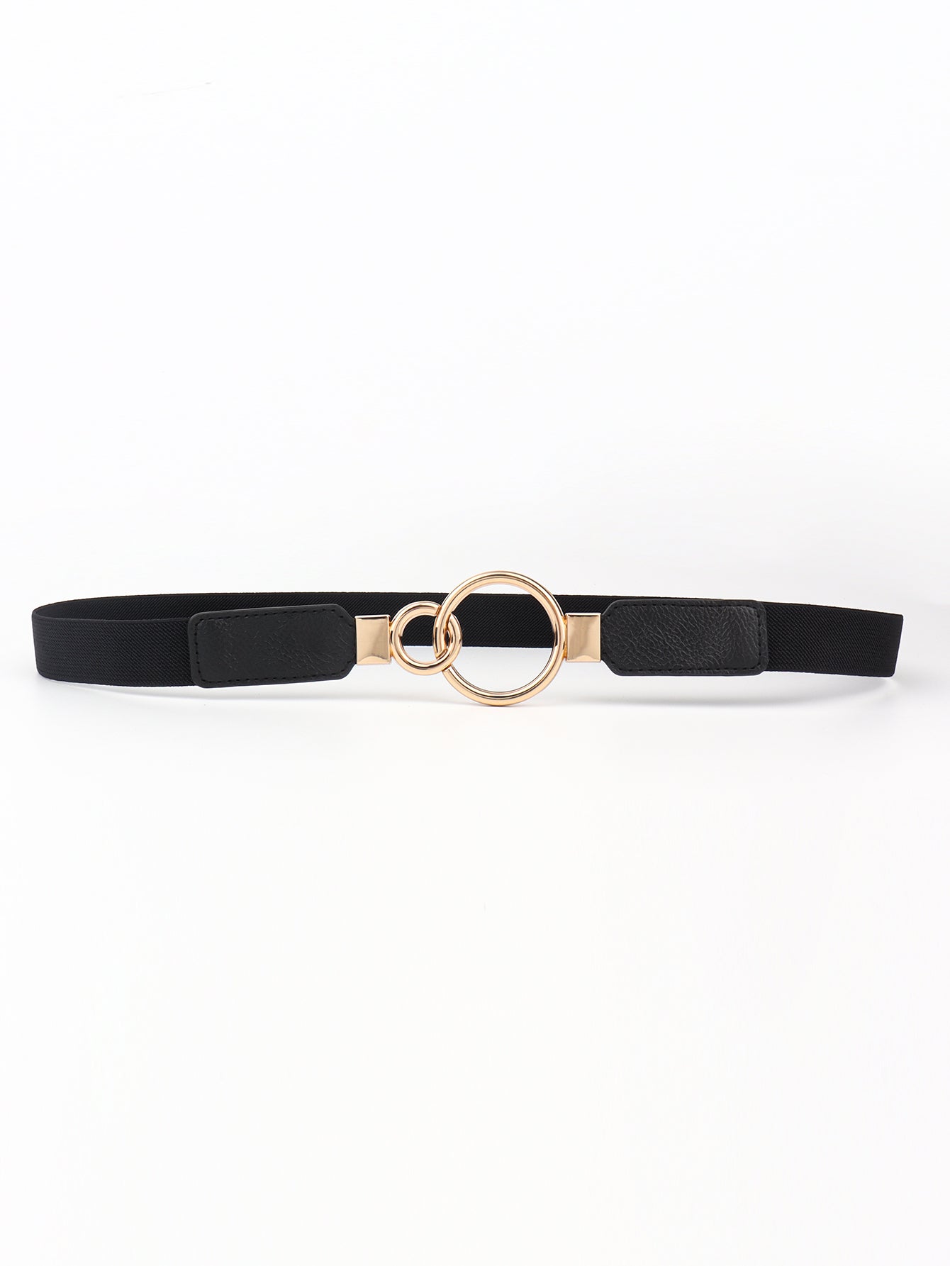 Black elastic vegan leather belt with double ring buckle and rose-gold metal