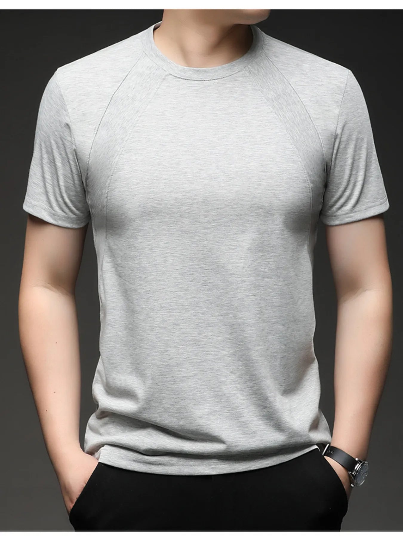 Men's plus size raglan crew-neck T-shirt in light gray, short sleeves, back view, contrast seaming
