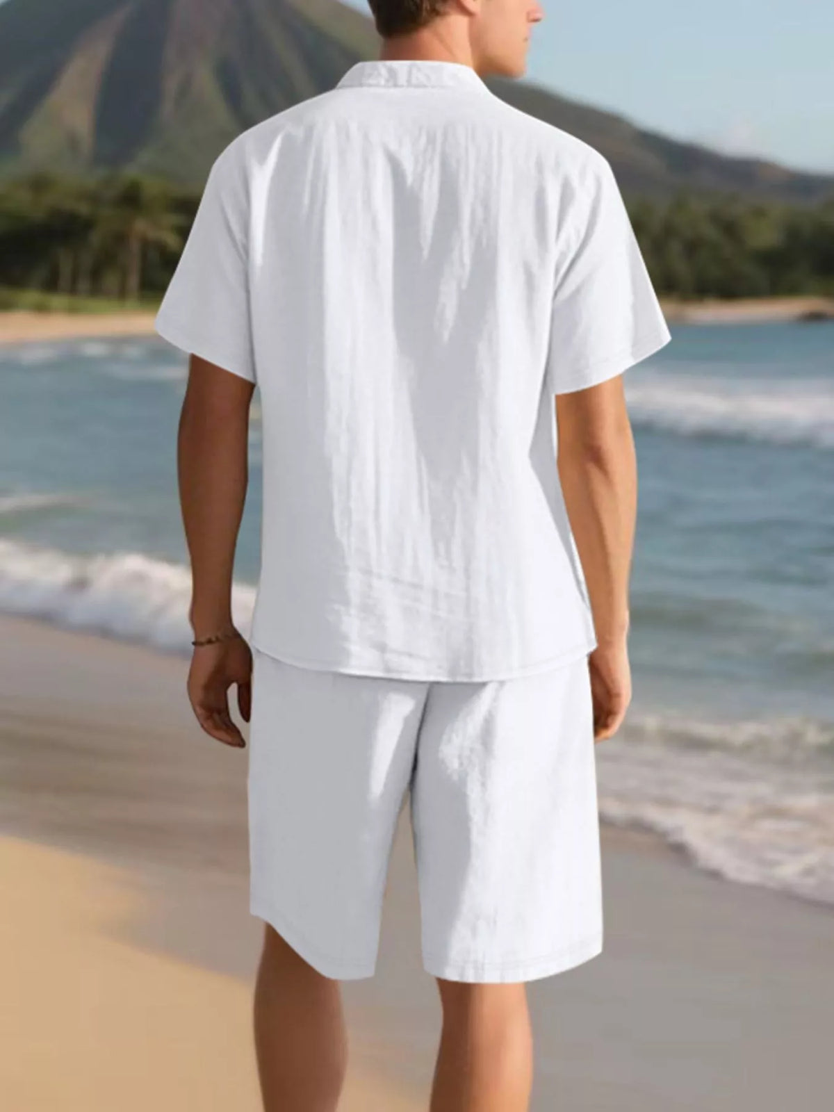 Men's white short-sleeve button-up shirt and matching shorts set, back view