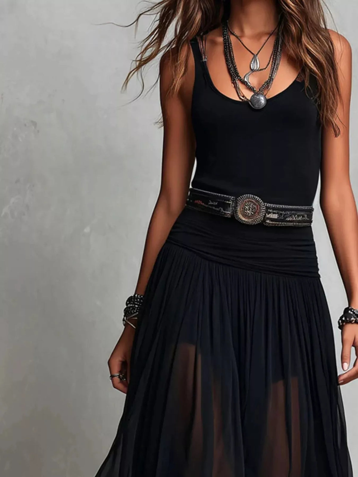 Black sleeveless scoop-neck maxi dress detail: braided straps, western belt, gathered skirt