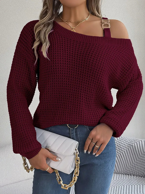 Wine asymmetrical off-shoulder knit sweater with long sleeves, ribbed cuffs and hem.