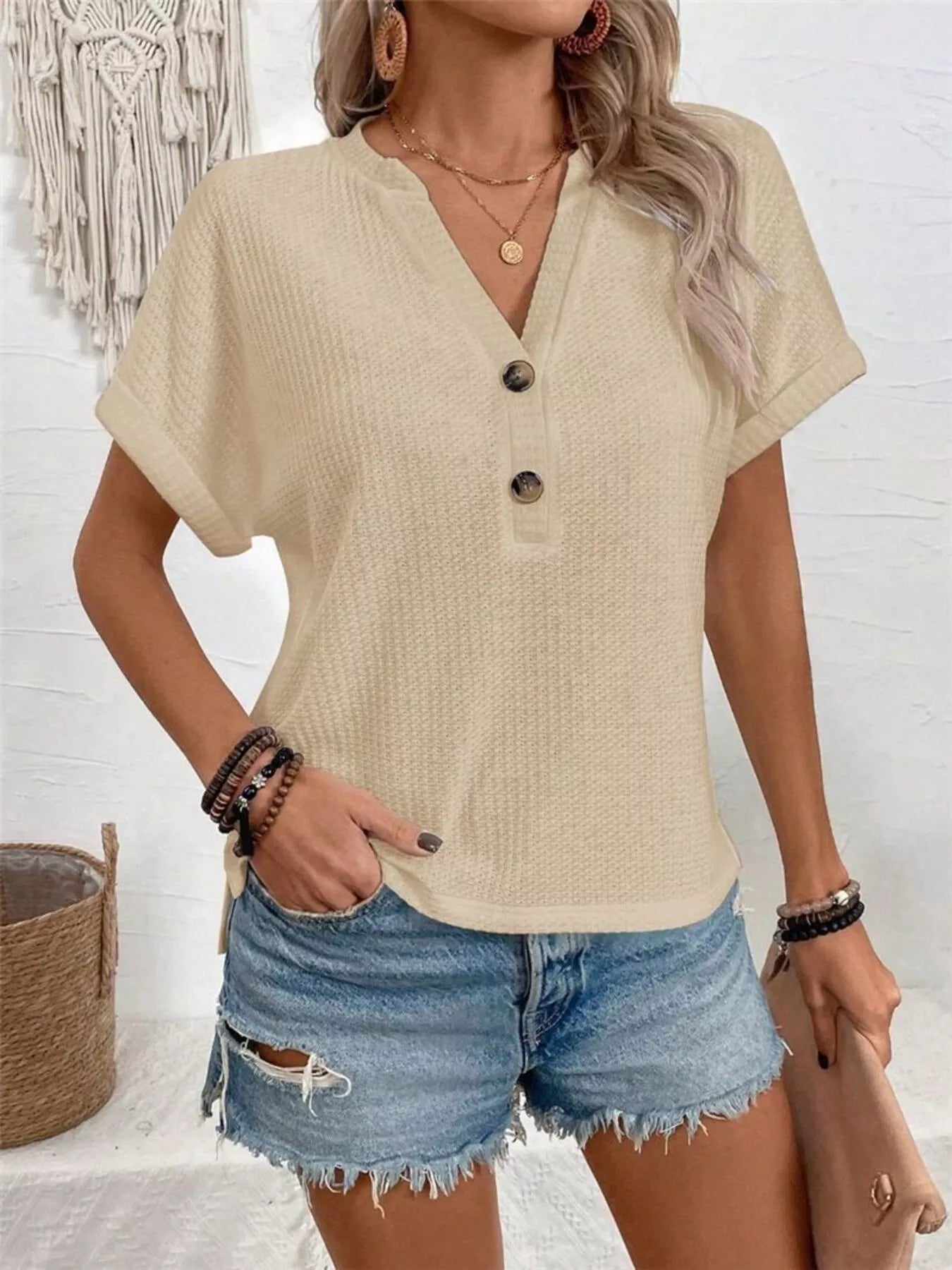 Apricot waffle knit V-neck henley T-shirt with three-button placket, short sleeves