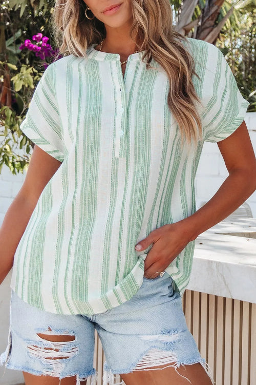 Light green striped gauze blouse with half button placket and short sleeves