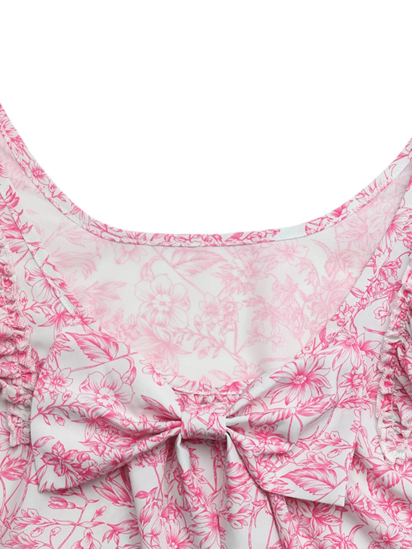 Cedar & Moore Floral Print Ruffle Sleeve Blouse in pink with bow detail