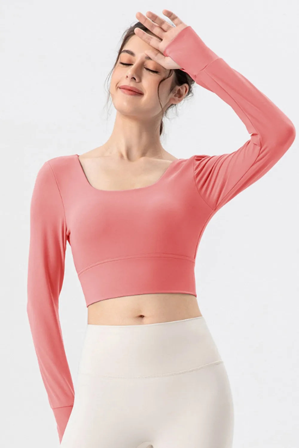 Coral pink square-neck long-sleeve active t-shirt with cropped fit