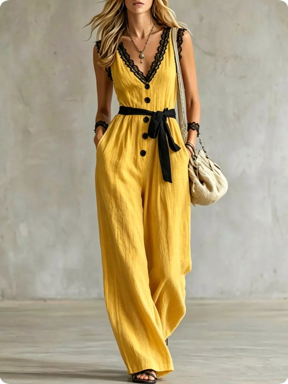 Yellow lace-trim V-neck sleeveless jumpsuit with black buttons and tie belt