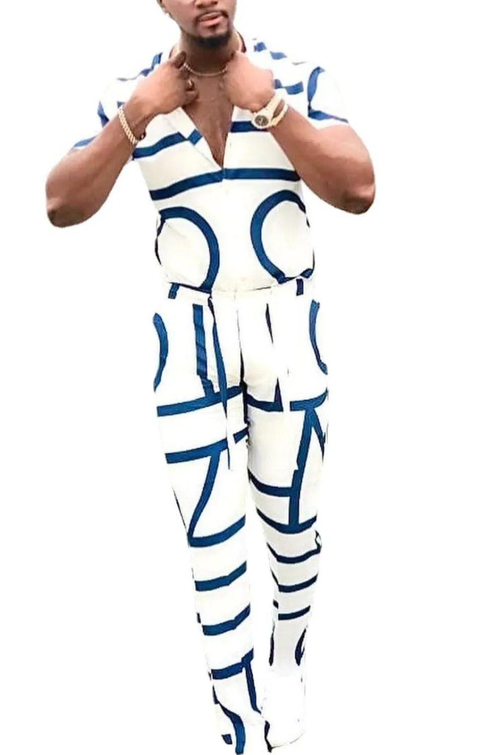Men's short-sleeve two-piece outfit in white with blue abstract print, V-neck and pants