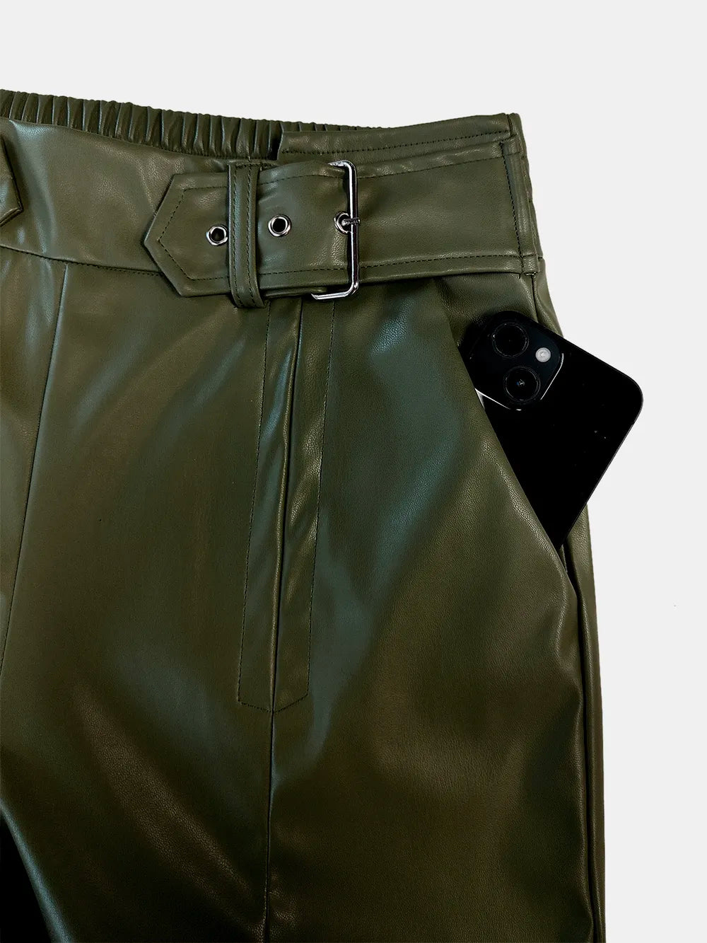 Moss green wide-leg pants with half elastic waist, front belt buckle and side seams