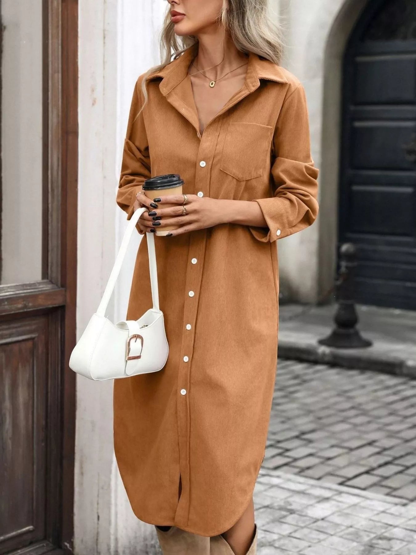 Brown corduroy shirt dress with button front, pointed collar, and chest pocket