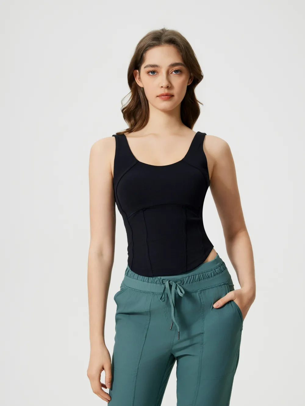Black active tank top with wide straps and round neckline