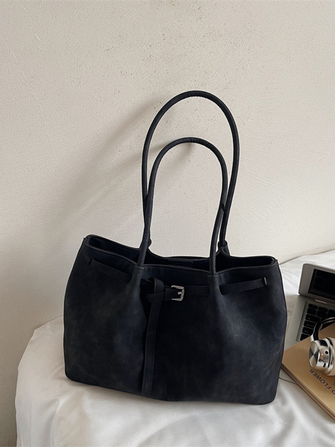 Trendsi Buckle Detail Shoulder Bag, black PU leather, medium