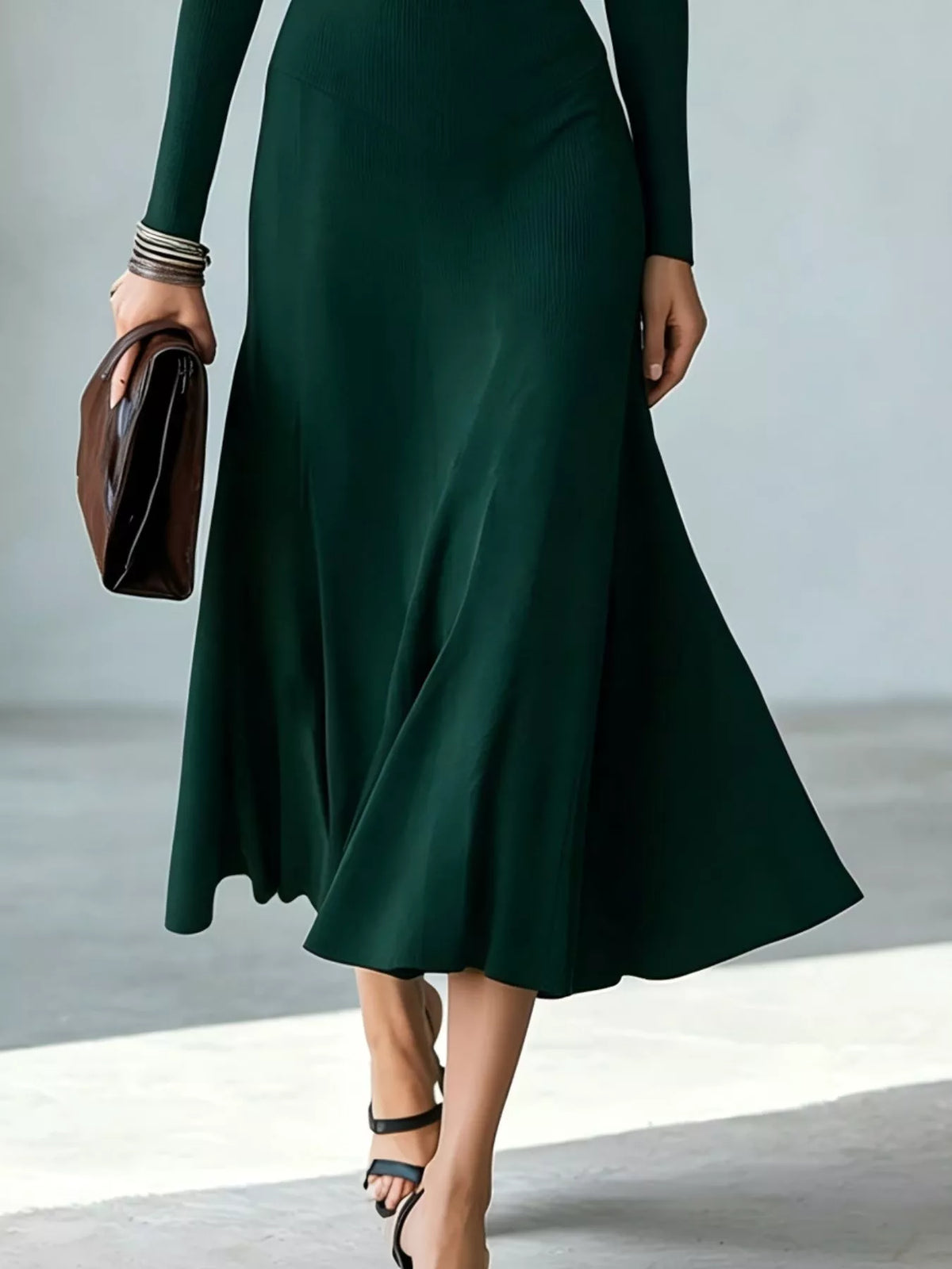 Dark green mock neck long sleeve midi dress, fitted waist and flared skirt