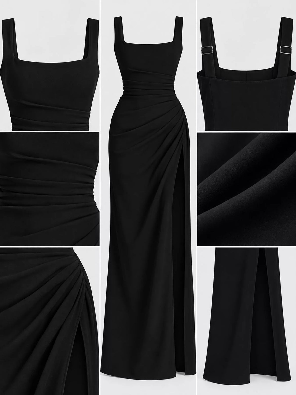 Black ruched maxi dress detail with spaghetti straps and gathered waist