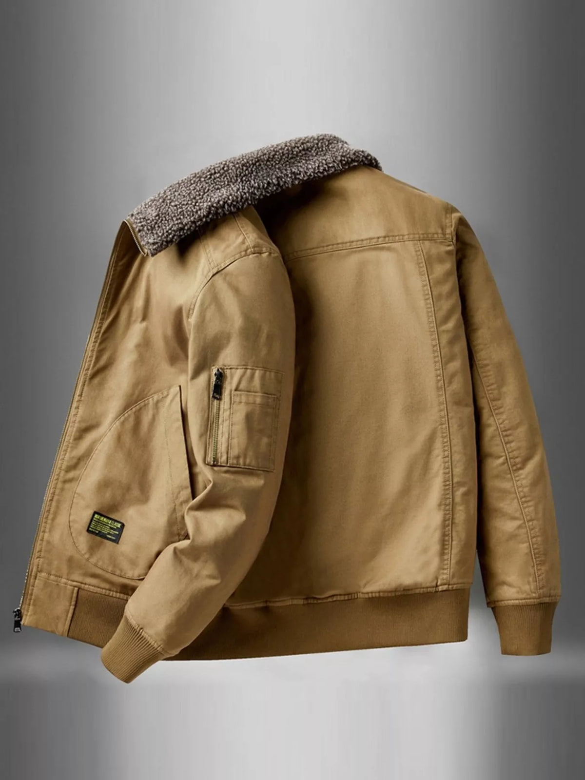 Men's thermal zip-up jacket, tan back view with sherpa collar and stitched yoke panels