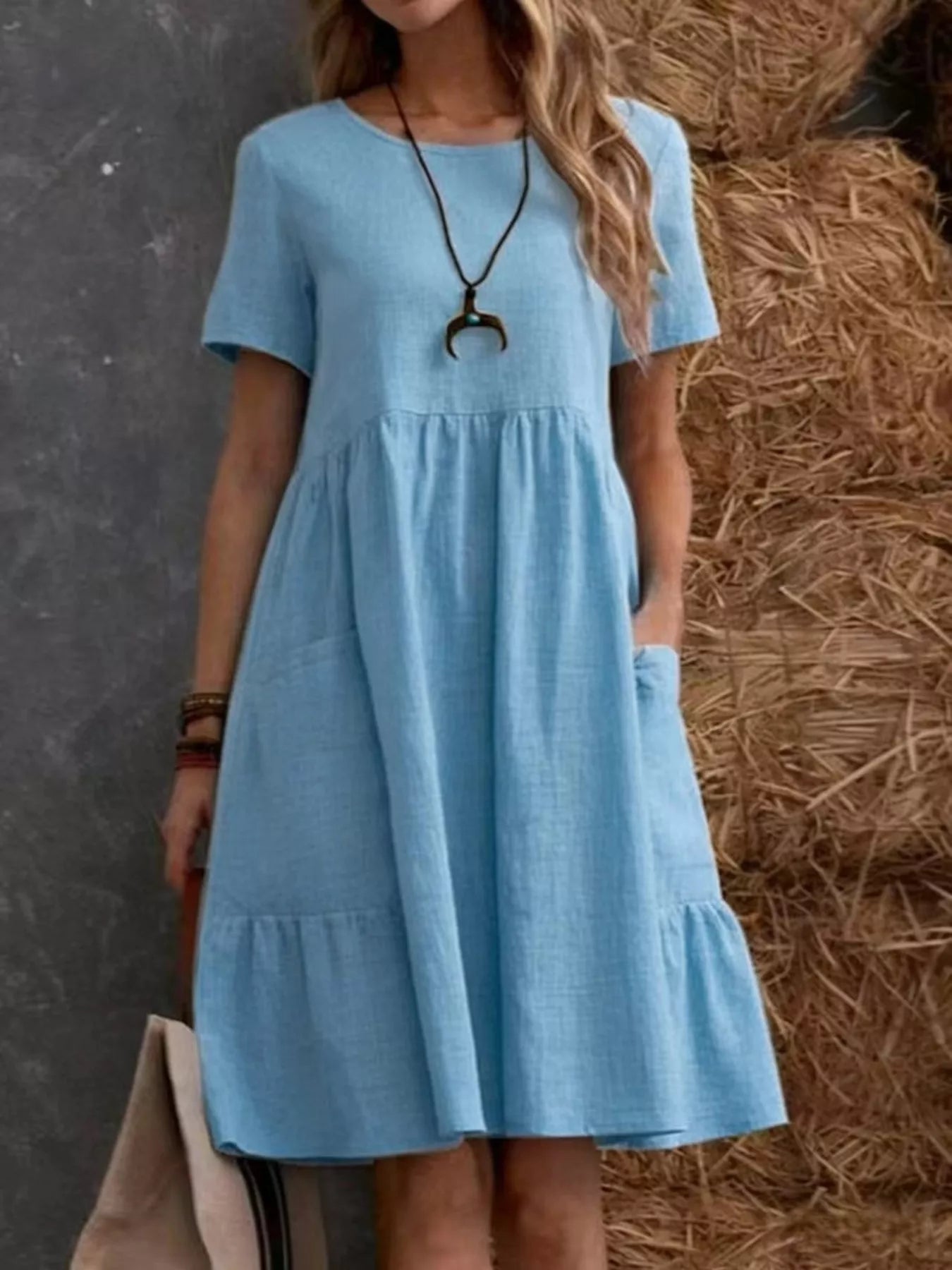 Cedar & Moore: light blue plus-size casual loose-fit tiered dress with ruffle hem