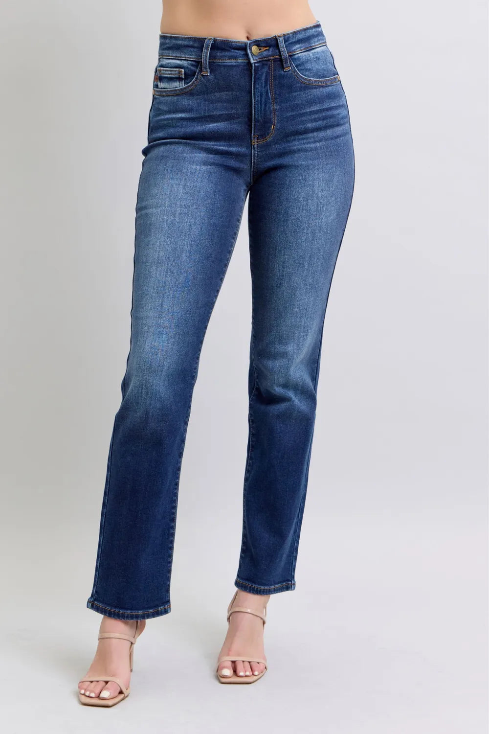 Washed dark blue straight-leg jeans with front pockets and belt loops