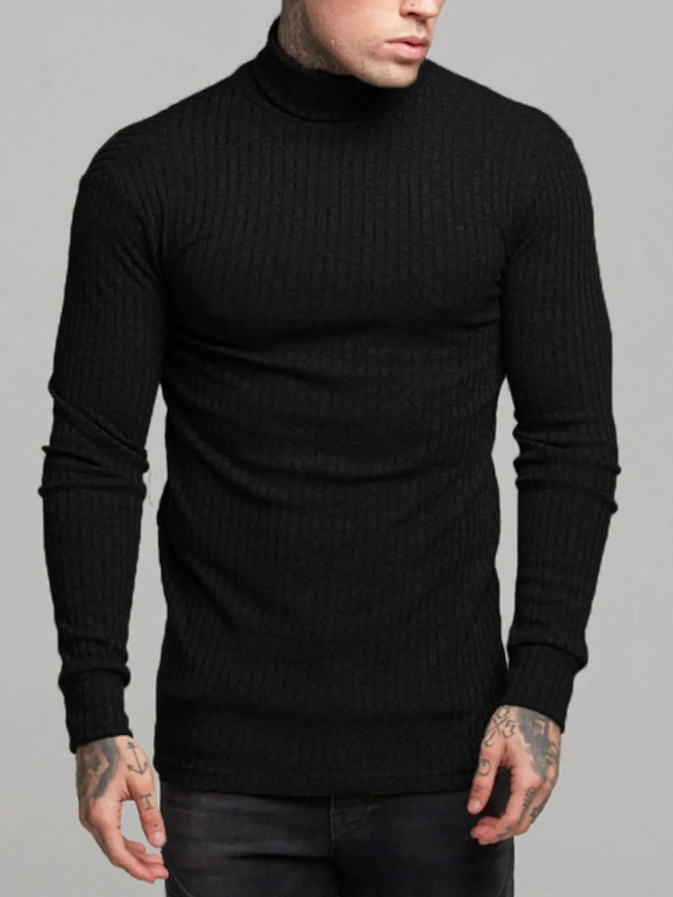 Ribbed turtleneck sweater in black, long sleeves, textured knit