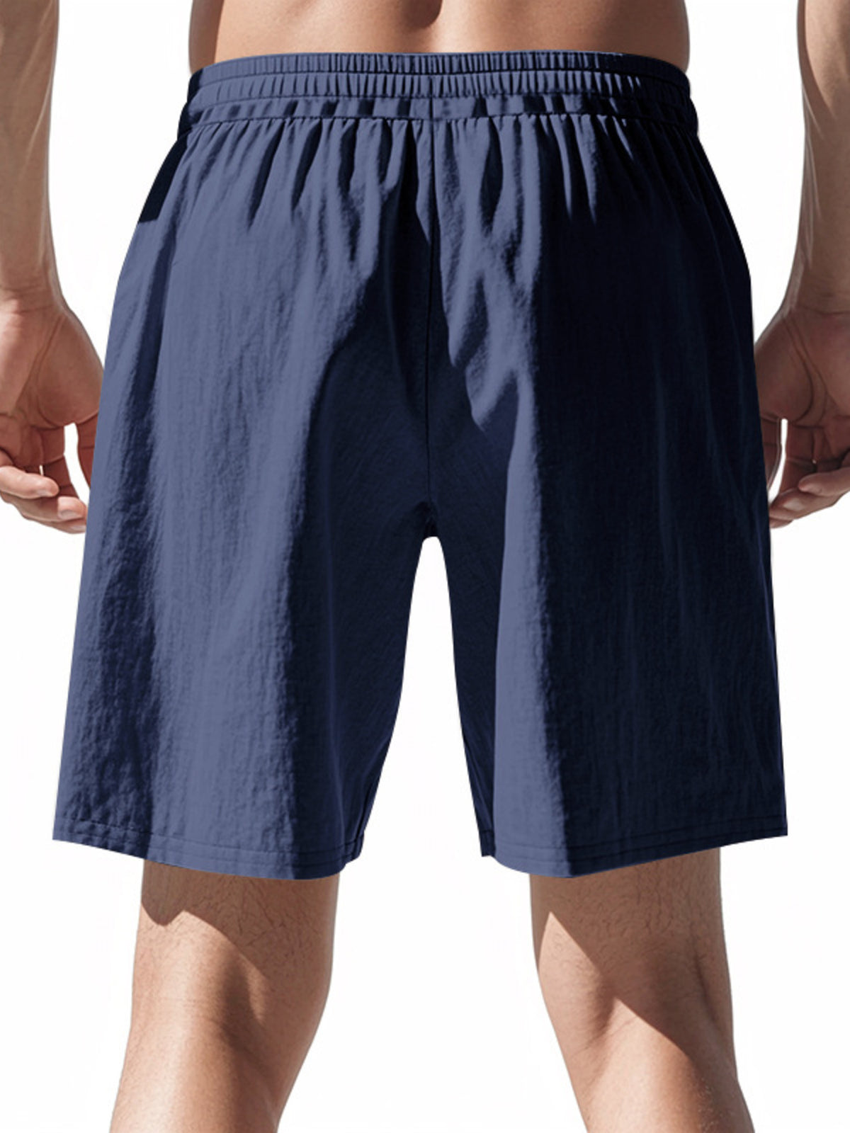 Men's lightweight drawstring shorts in navy blue with elastic waistband and drawcord