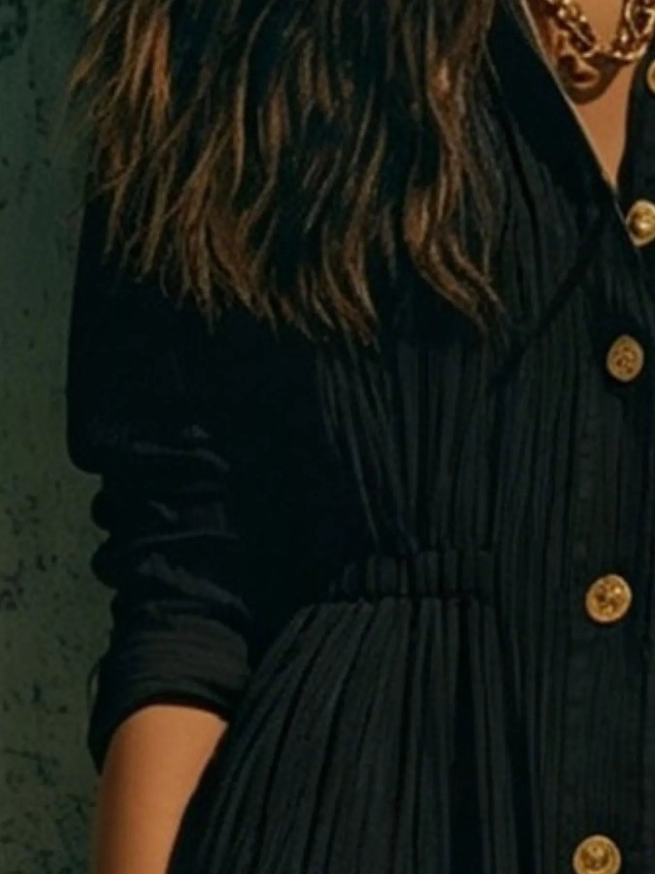 Dark textured button-front maxi dress detail with gathered waist and gold buttons