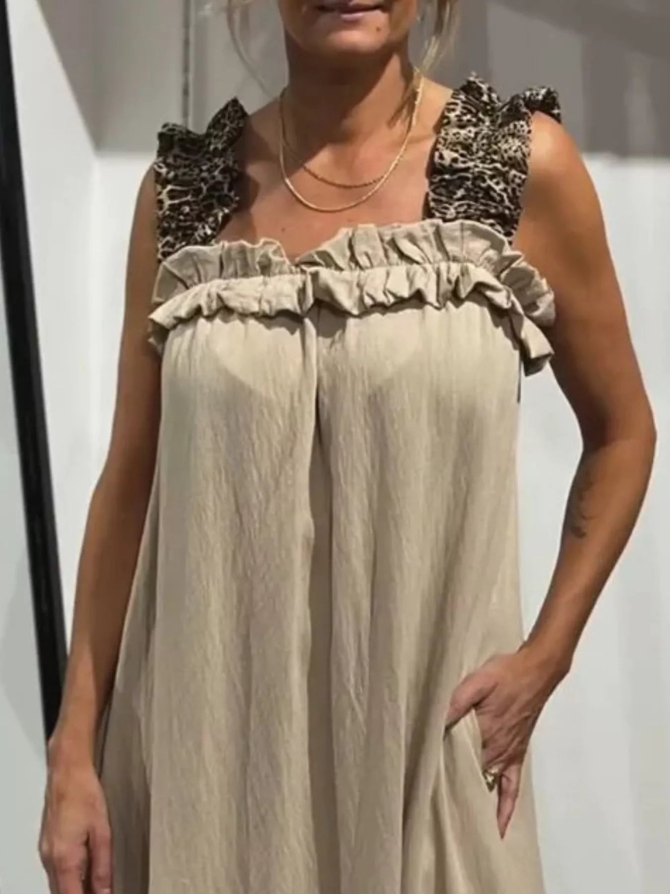 Full Size Ruffled Strap Flowy Maxi Dress Plus Size in beige with leopard-print straps
