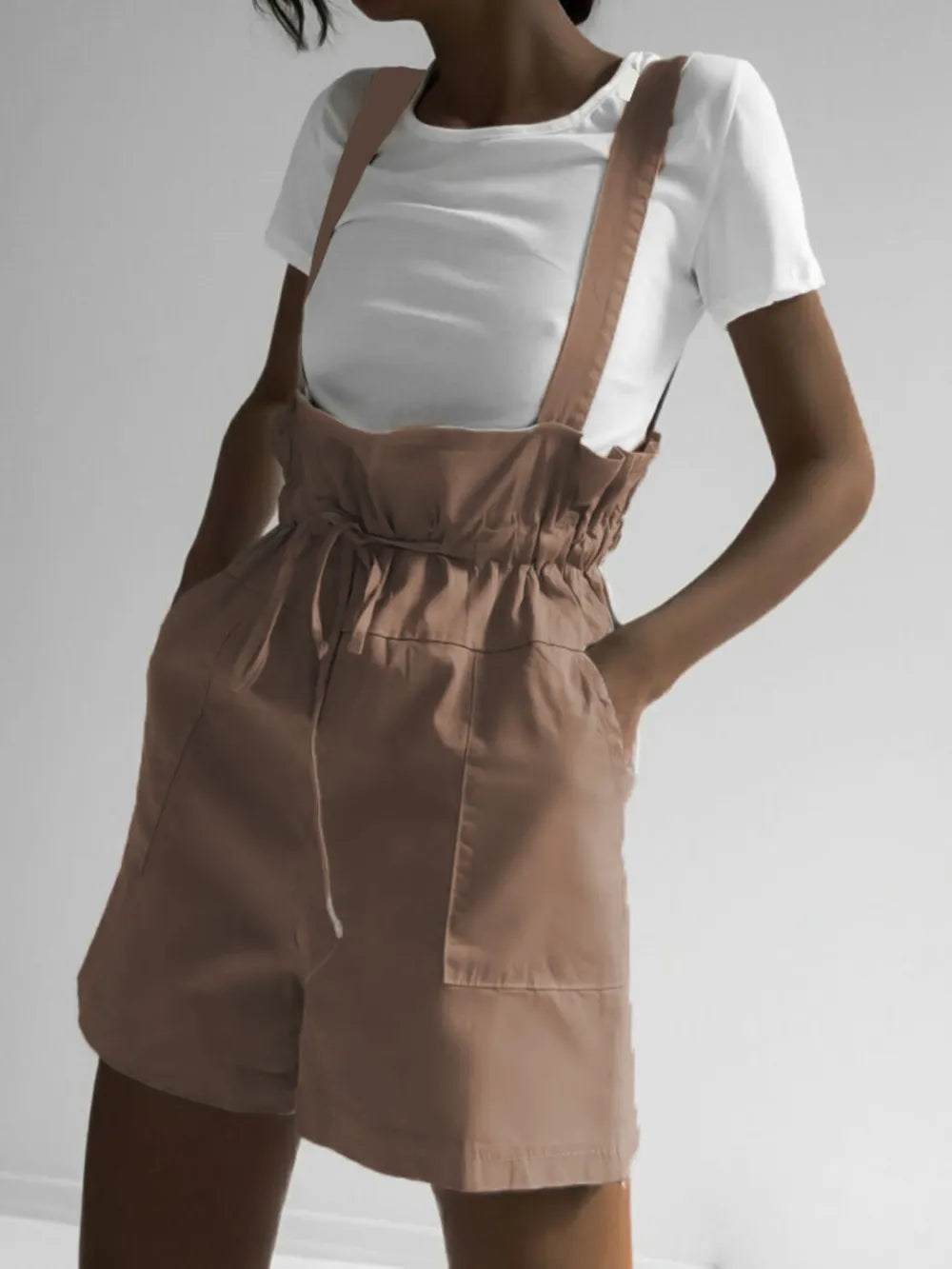 Cedar & Moore Drawstring Wide Strap Overalls with Pockets in taupe by Trendsi