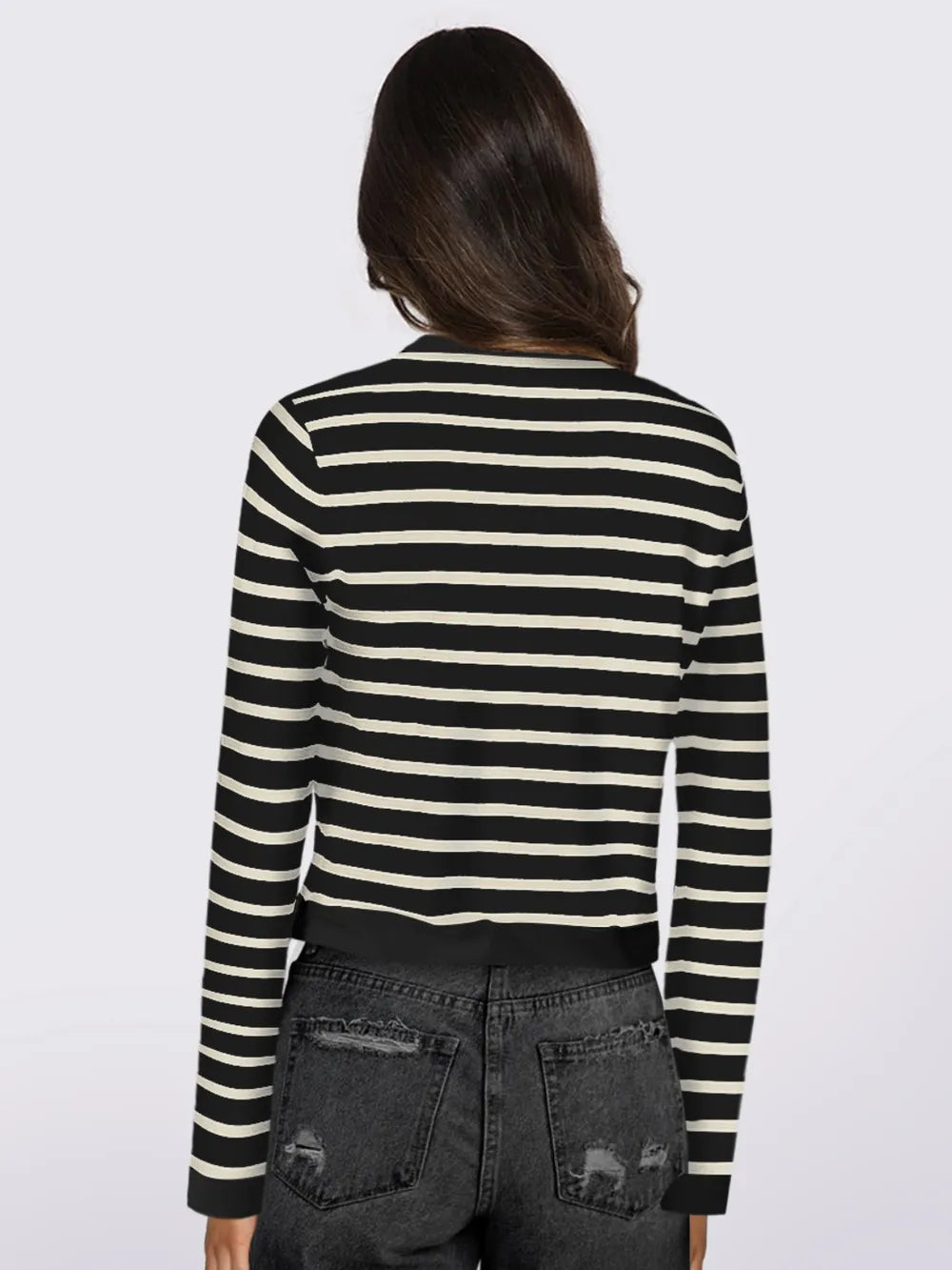 Striped cardigan back view with long sleeves and button placket, black and white