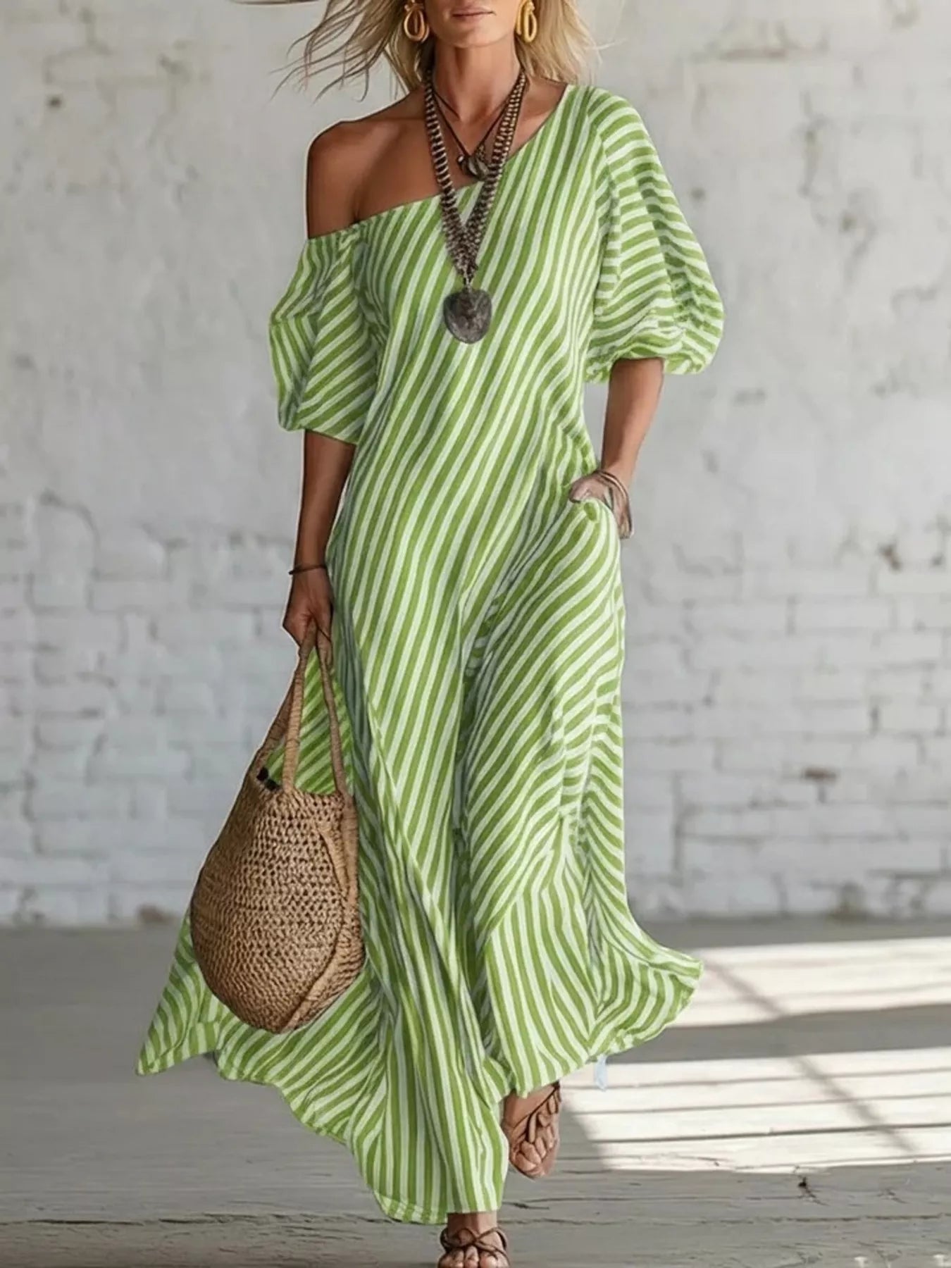 Cedar & Moore Trendsi striped one-shoulder maxi dress, green and white, plus size, no pockets
