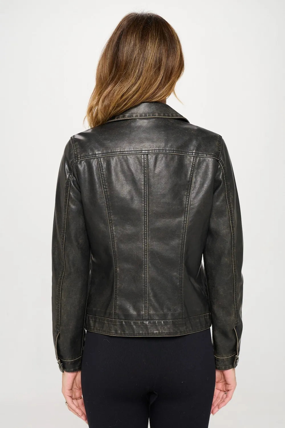 Black vegan leather shacket, back view with vertical seam and full-length button sleeves
